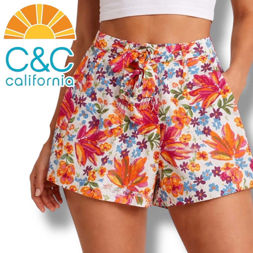 C&C California Pull On Floral Shorts Size 8 Linen Blend Belted Elastic Waist